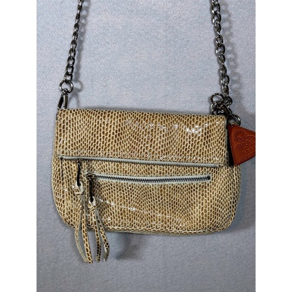 Sorial Handbags - Sorial Beige Snakeskin Embossed Leather Crossbody Bag Silver Chain Strap Clutch